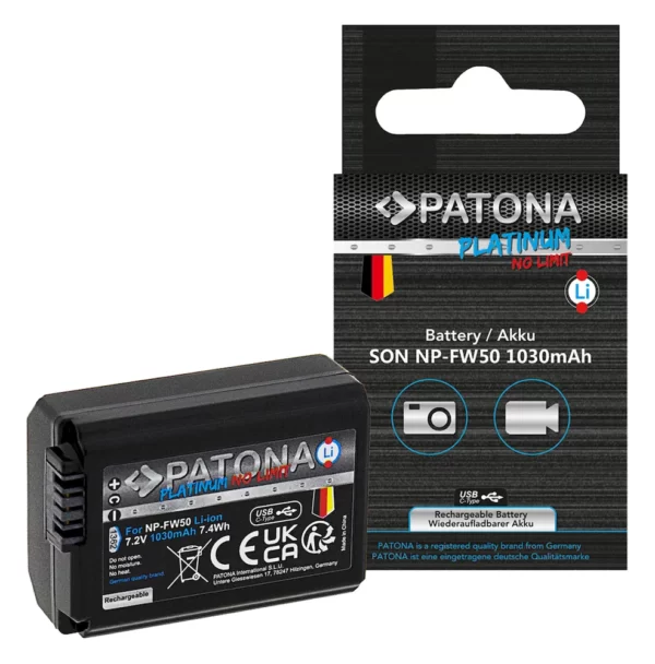 Acumulator Patona Platinum NP-FW50 USB-C compatibil si cu Sony NEX.3 NEX.3C NEX.5 NEX.5A 1362