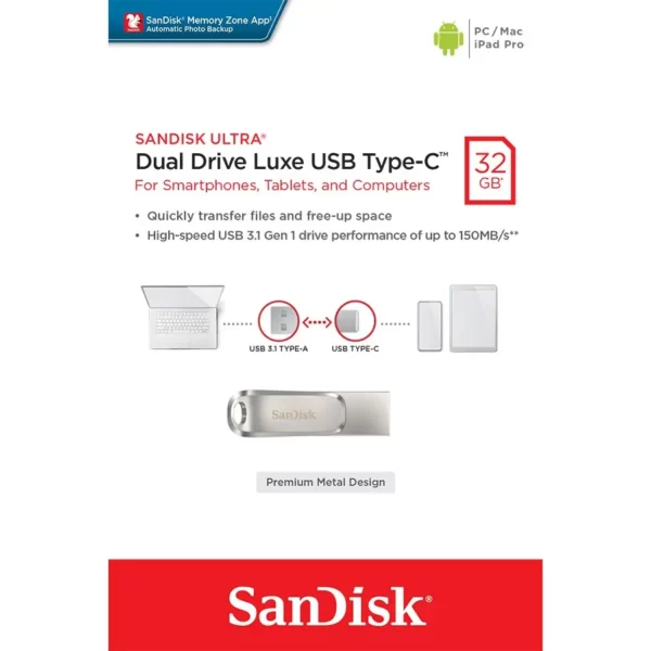 Memorie USB SanDisk Dual Drive Lux 32GB USB 3.1 / USB-C SDDDC4-032G-G46 Memory stick