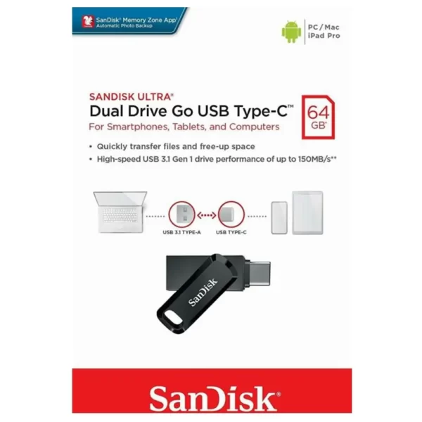 Memorie USB SanDisk Ultra Dual Drive Go 64GB USB 3.1 / USB-C SDDDC3-064G-G46G Memory stick