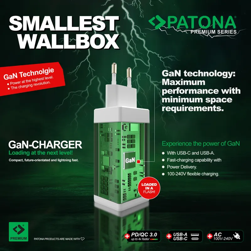 Incarcator PATONA Premium GaN PD100W cu 2xUSB-C 1xUSB-A PD3.0 QC3.0 Patona 2647