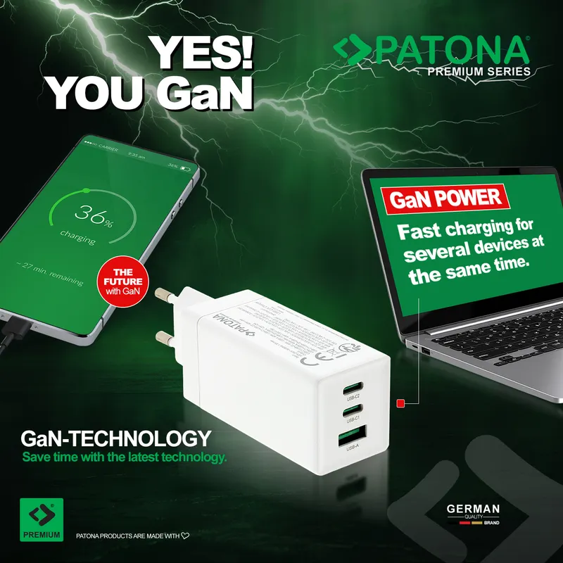 Incarcator PATONA Premium GaN PD100W cu 2xUSB-C 1xUSB-A PD3.0 QC3.0 Patona 2647