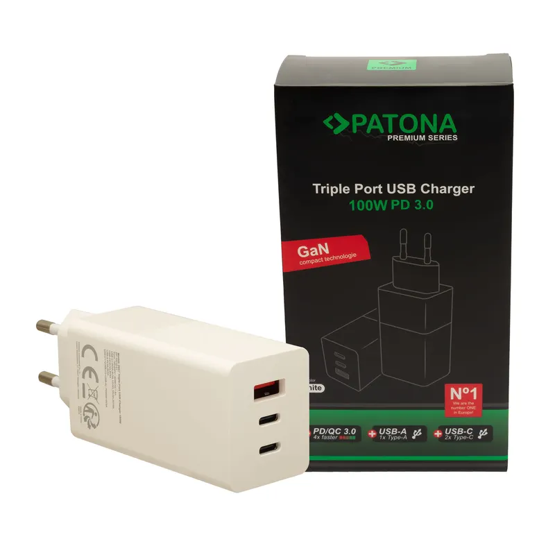 Incarcator PATONA Premium GaN PD100W cu 2xUSB-C 1xUSB-A PD3.0 QC3.0 Patona 2647