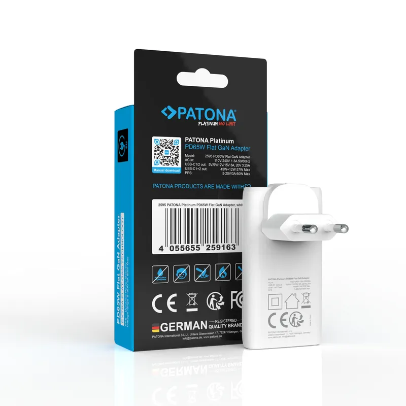 Incarcator USB-C PATONA Platinum GaN PD65W alb 2x USB-C PD3.0 QC3.0 2595