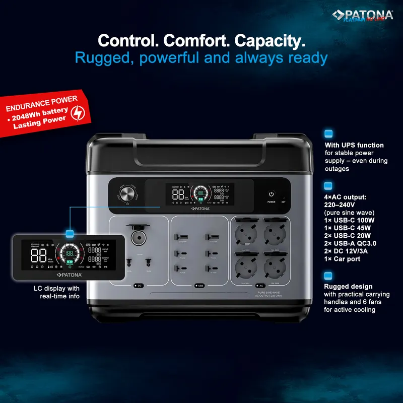 Powerstation Patona Autarc 2400 4xAC2400W 2048Wh USB-C-1xPD100W 1xPD45W 2xPD20W cu aplicatie tel mobil