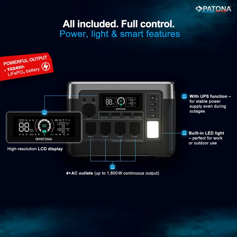 Powerstation Patona PATONA Platinum Autarc 1800 4x AC1800W 1024Wh